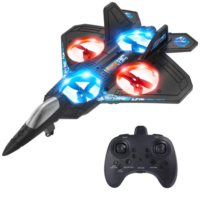 Foam RC fighter jet airplane with flashing LED lights and handheld remote control