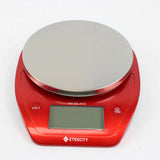 Red digital kitchen scale with round platform, LCD display, and unit/tare buttons