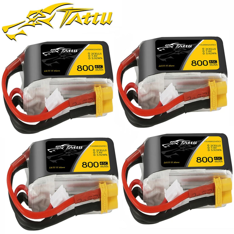 4X Tattu 800mAh 7.4V 45C 2S Lipo Battery XT30 Plug For RC FPV 100-180 Quadcopter Battery