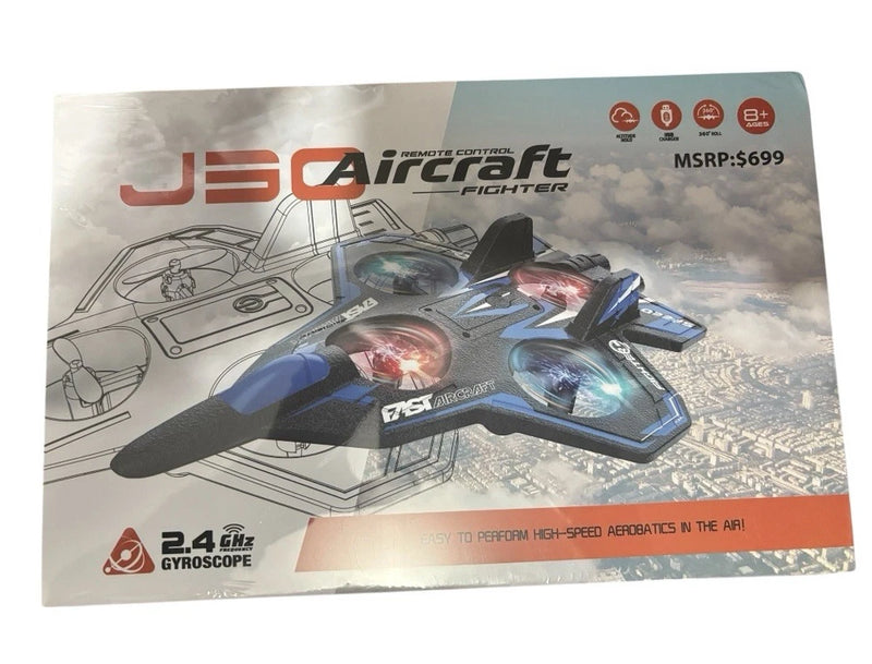 Remote control fighter jet drone retail box with blue jet artwork