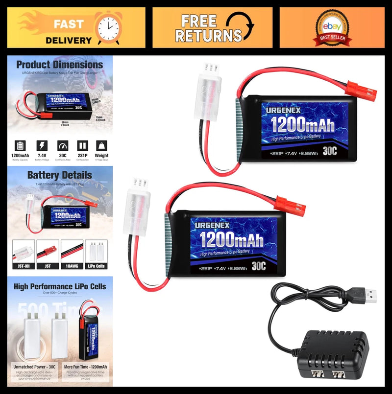 7.4V 1200mAh Lipo Battery 2S 30C JST Plug for RC Cars, Trucks, Drones & Helicopt