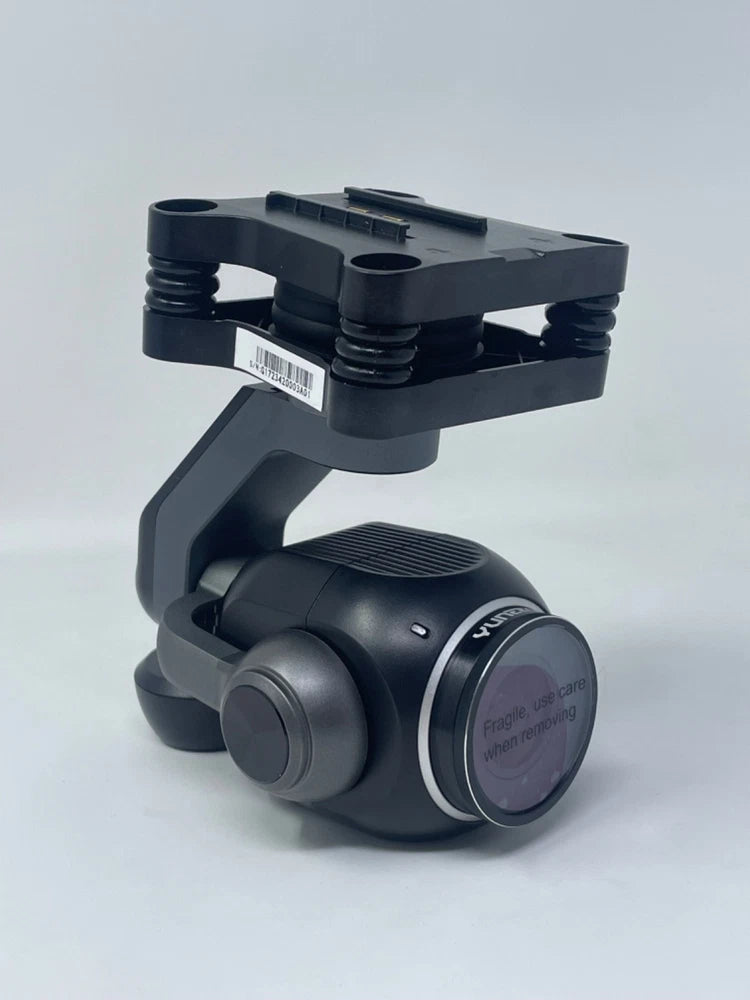 Dark gray drone camera with protective mount and front lens
