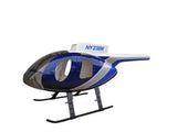 Blue and white RC helicopter fuselage with registration NY238M and tail boom