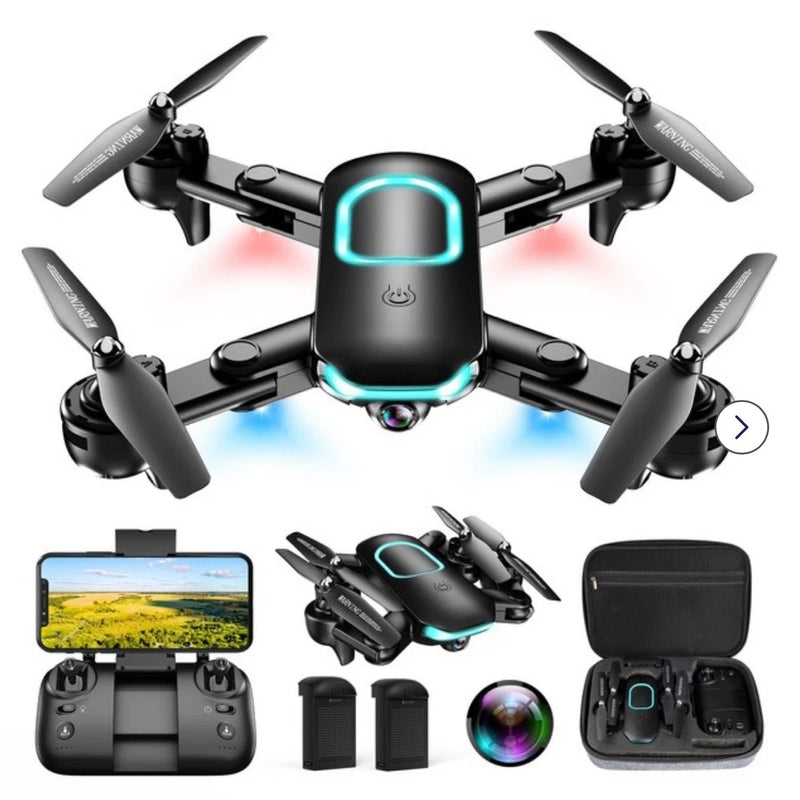 Foldable black drone with four propellers, blue LED, built-in 1080P camera, case