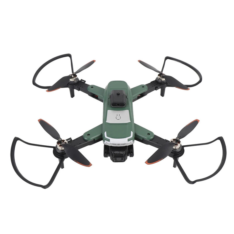 Green quadcopter drone with camera and four black propellers