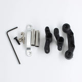 Curved servo arm assembly set for RC car, with black linkages, mounting plate, screws, hex key
