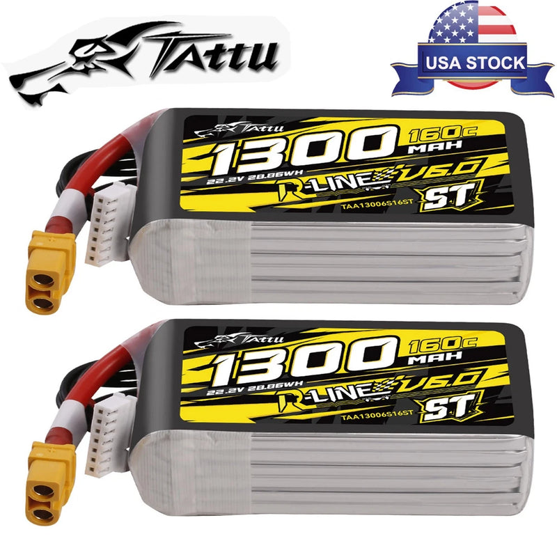 2X Tattu 1300mAh 6S 160C 22.2V R-Line Version 6.0 ST Lipo Battery With XT60 Plug Battery