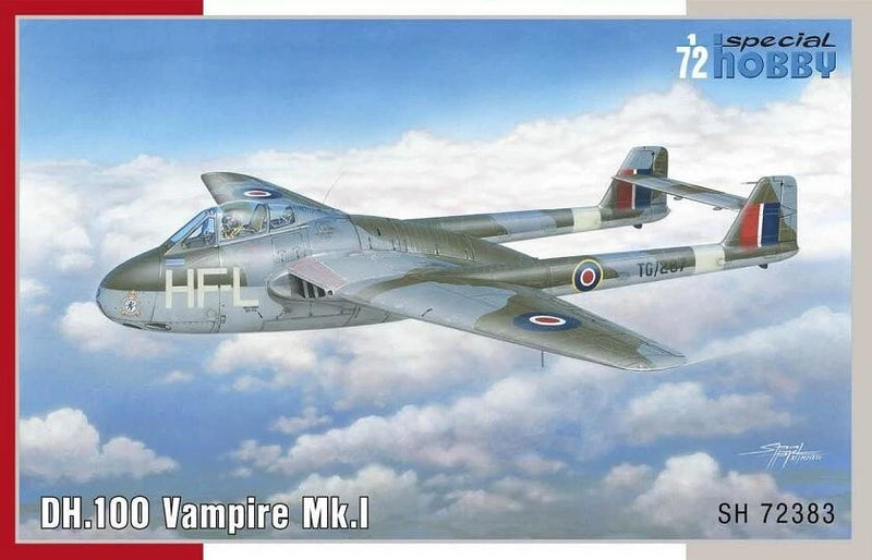 1:72 scale DH.100 Vampire Mk.I jet model in gray-green with RAF roundels and tail fin stripes