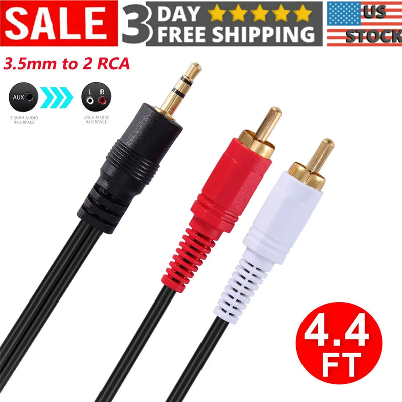 3.5mm to 2 RCA Male Audio Y-Cable AUX Stereo Adapter Cord Splitter Connector US