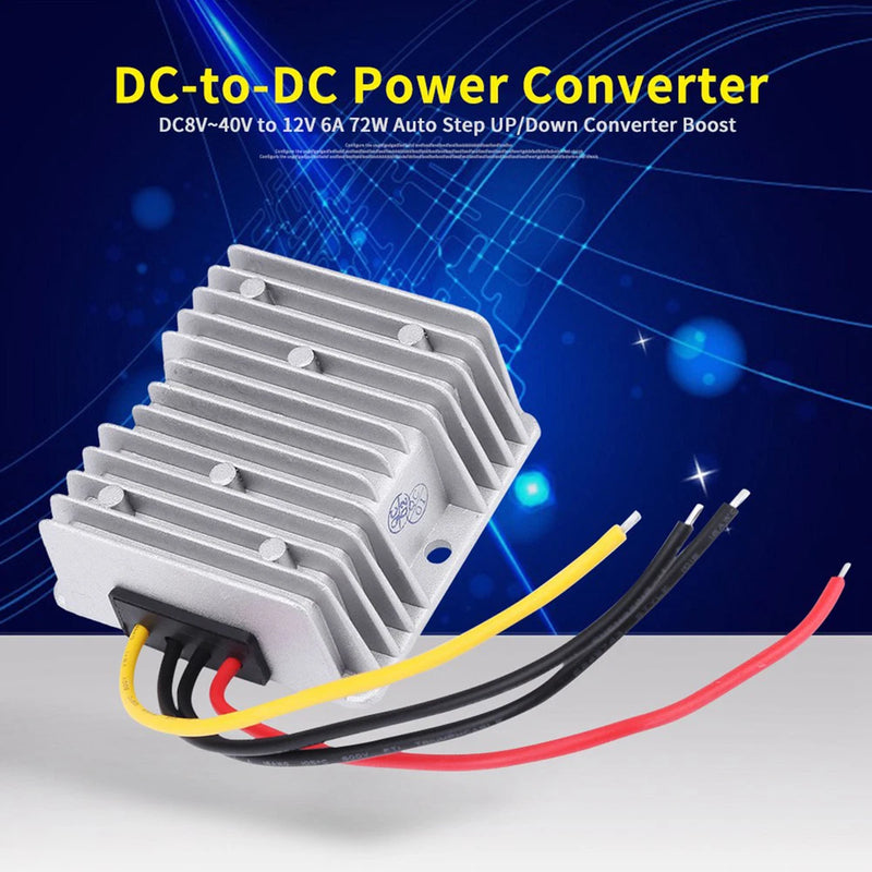 White aluminum DC-DC step up/down converter module with three color wires and screw holes
