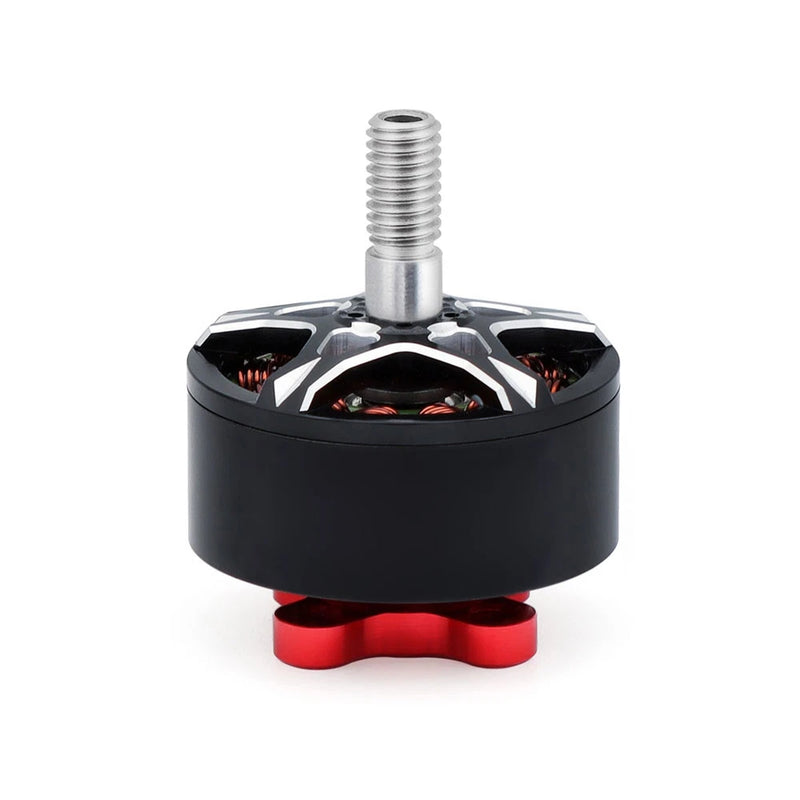 Black cylindrical brushless drone motor with exposed windings and silver threaded shaft