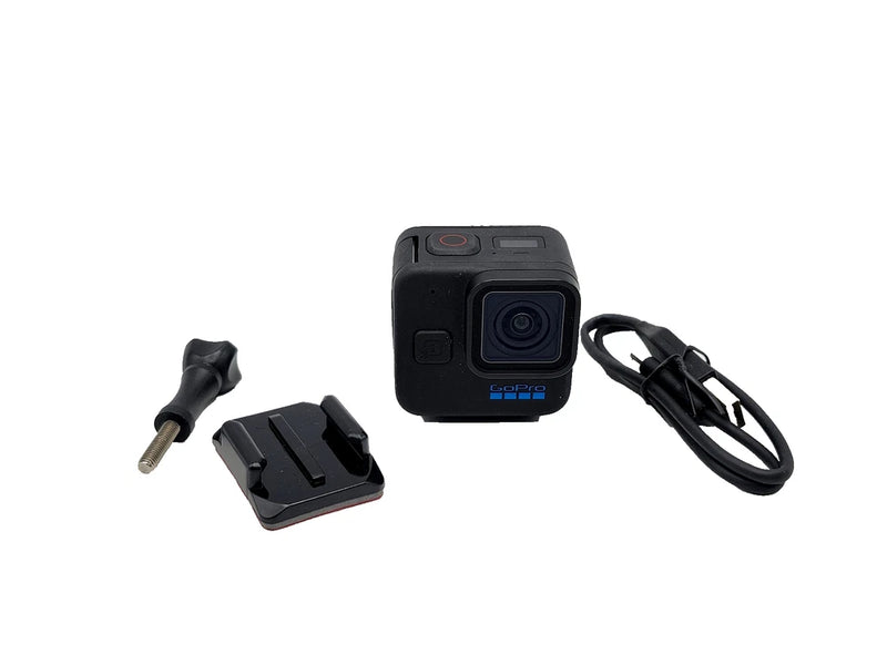 Compact black action camera with cable and mounting bracket