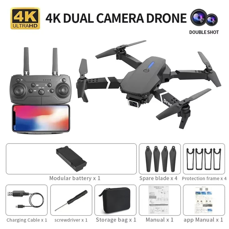 Foldable 4K dual-camera drone kit with remote, spare blades, battery, and storage bag