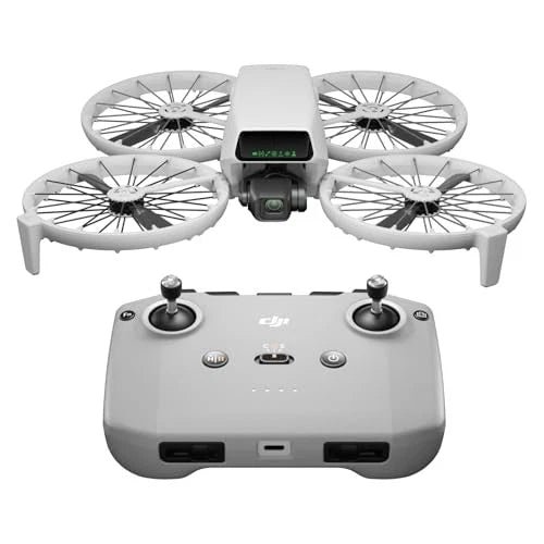 Foldable quadcopter drone with camera gimbal and gray RC remote controller