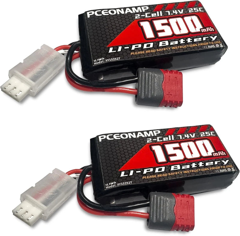 2S Lipo Battery 1500mAh 25C with T Plug Rechargeable High Capacity RC 7.4V
