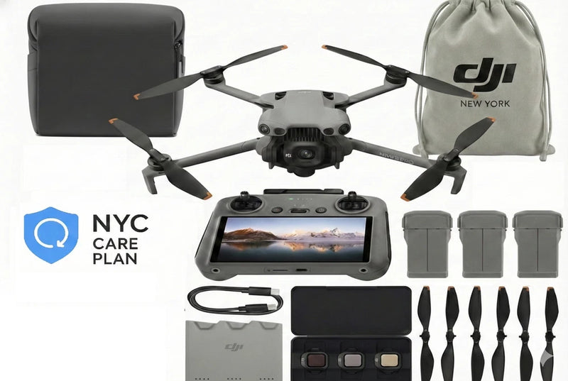 DJI drone and RC controller bundle with propellers, batteries, and carrying bag