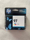 HP 97 tri-color ink cartridge in sealed box, 97 and butterfly graphics on label