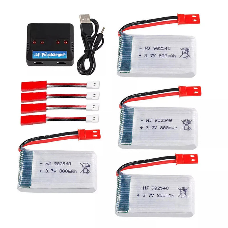 4x 3.7V 800mAh Li-Po Battery w/ 4 Port Charger For RC Helicopter Drone JST Plug Battery