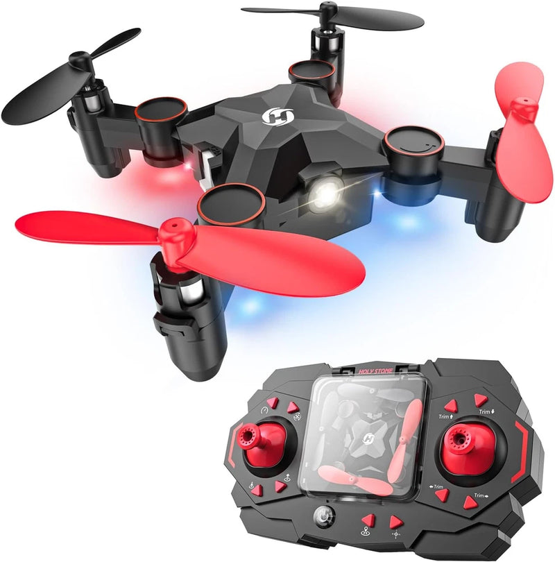 Nano RC quadcopter drone with red propellers and handheld controller, black foldable body
