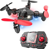 Nano RC quadcopter drone with red propellers and handheld controller, black foldable body