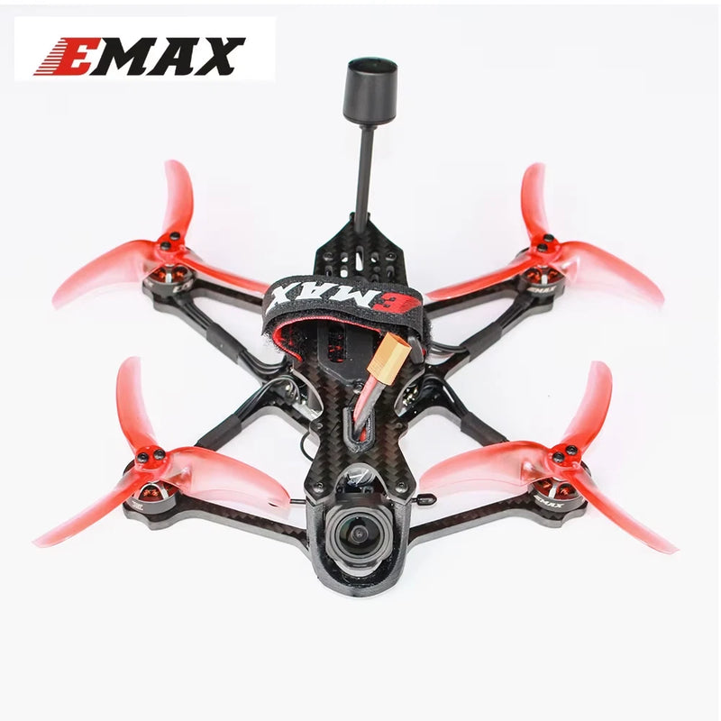 EMAX FPV quadcopter drone with red propellers, black frame, and front camera