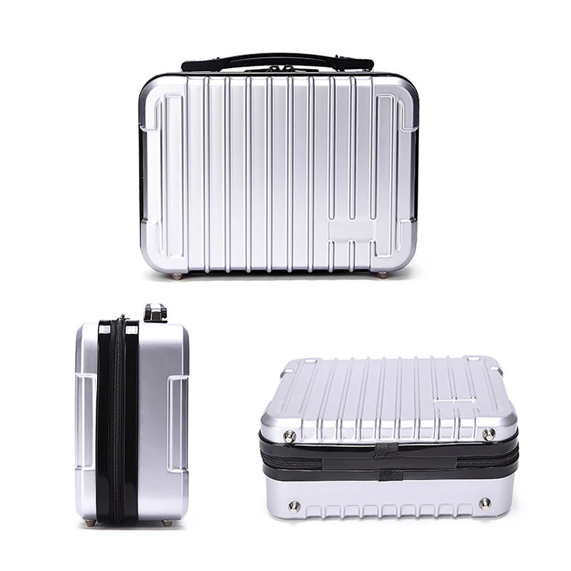Portable ABS hard-shell drone carrying case, silver with black strap and latches