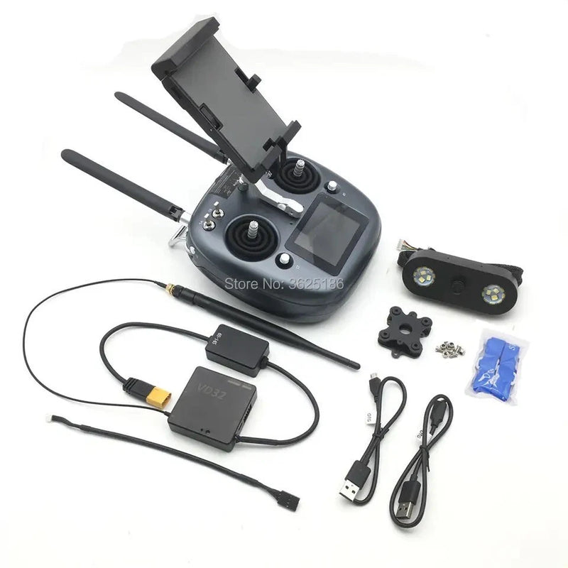 Drone RC remote control transmitter with screen, twin antennas, and included cables/accessories