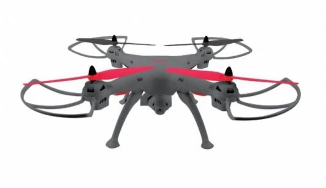 Gray quadcopter drone with four propellers and red accent arms