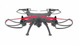 Gray quadcopter drone with four propellers and red accent arms