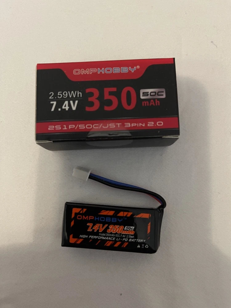 7.4V 350mAh LiPo battery pack with blue lead wire and OMPHOBBY label
