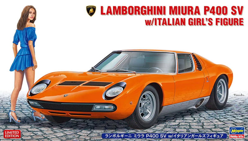 Orange 1/24 scale Lamborghini Miura P400 SV model car with girl figure, model kit
