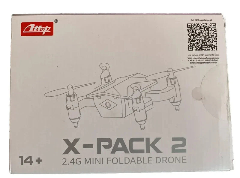 Foldable pocket mini drone 2-pack box with illustrated drones and 14+ label