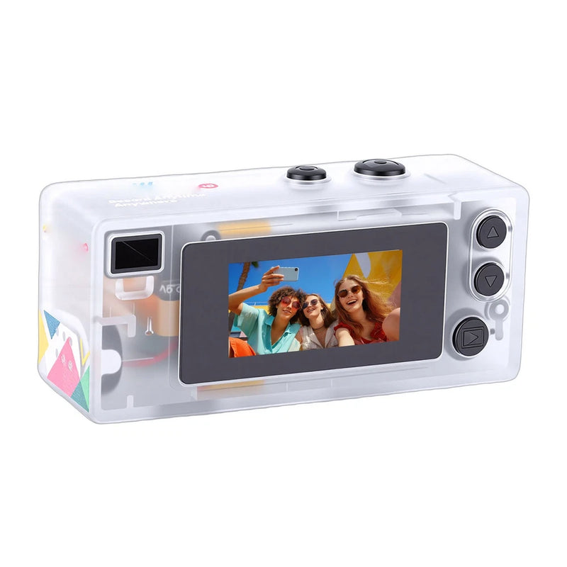 Portable small digital camera in clear case with color display and side control buttons