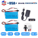7.4V 1500mAh Li-ion Battery 18650 SM Plug+USB Charger For RC Car Boat Truck USA