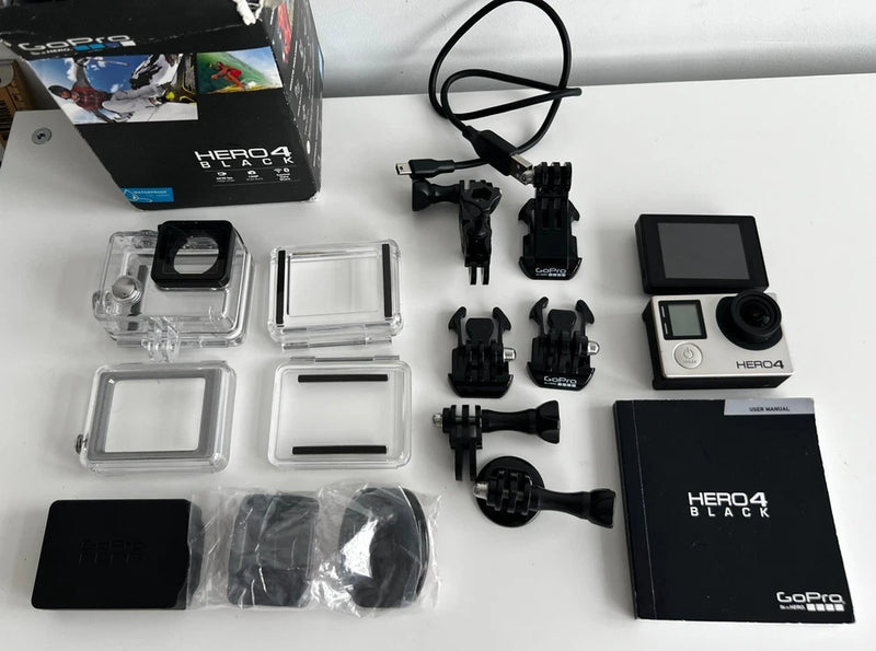 GoPro HERO4 Black action camera bundle with LCD screen case and mounting accessories
