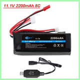 11.1V LiPo rechargeable battery pack with balance lead, red/black wires, and USB charger