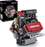 Motorized V8 engine model building kit with gray parts and red V8 panel