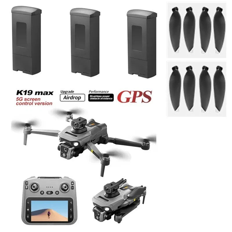 Drone spare parts set: battery blocks, four propellers, and handheld controller with screen