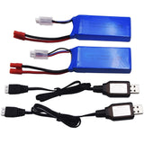 RC LiPo battery 2-pack with banana connectors and USB charger cables