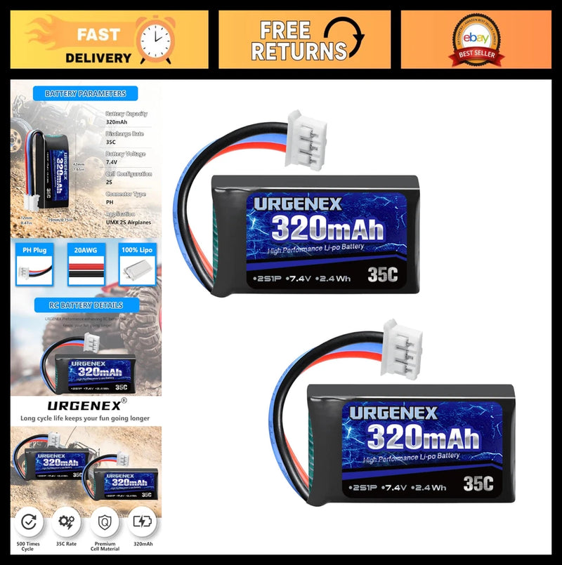 7.4V 2S Lipo Battery 35C 320mAh Rechargeable with PH2.0 Plug for UMX Airplanes Battery