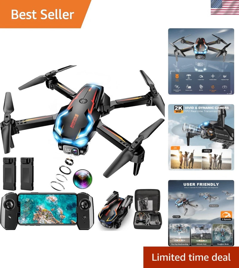 Quadcopter drone with built-in camera, blue LED lights, four foldable propellers