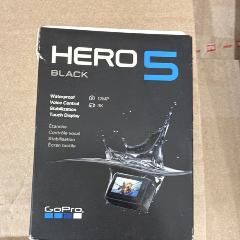 GoPro HERO5 Black action camera retail box with HERO5 branding and waterproof voice control