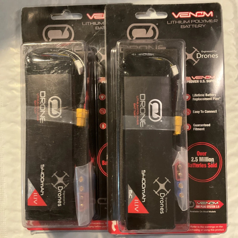 2X  Venom Group 15C 3S 5400mAh 11.1V Lipo Drone Lithium Battery w/Uni Plug 2.0 Battery