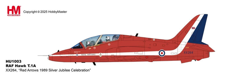 Red and blue RAF Hawk T.1A model aircraft with silver jubilee livery, side view.