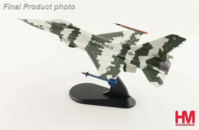 Hobby Master F-16N scale model on display stand, green and gray camouflage