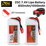 ZOP Power 7.4V 2S 25C 850/1000mAh Lipo Battery JST Plug for TRX4M RC Car Drone