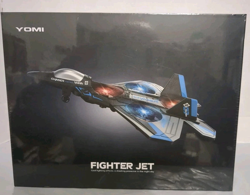 Yomi fighter jet drone box, blue and gray with LED-style lights