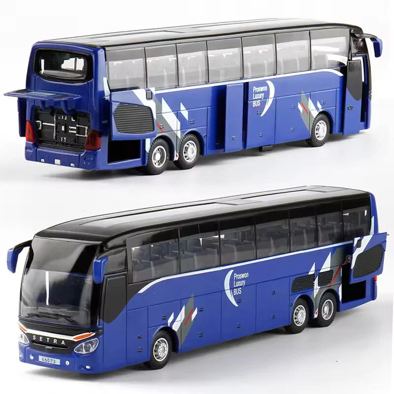 Toy sightseeing bus model in blue with gray roof, detailed side windows and wheels