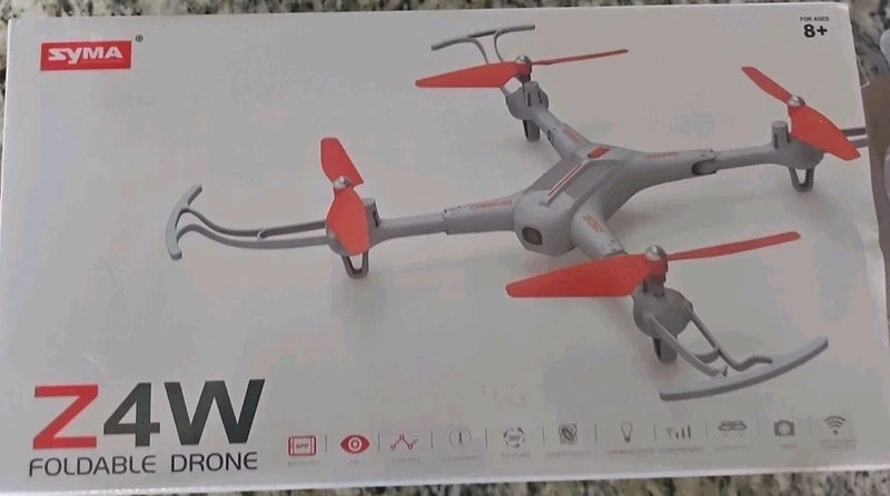 Folding drone retail box, gray body with red propellers and landing legs