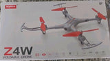Folding drone retail box, gray body with red propellers and landing legs
